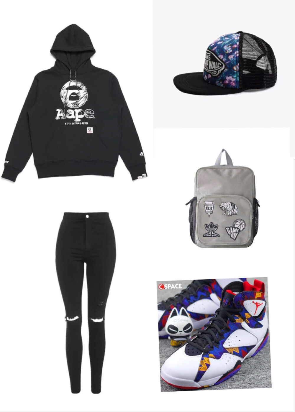 Top:Aape/Pants:Topshop/Bag:Adidas Originals/Hat:Vans/Shoes:Air Jordan 7 Sweater