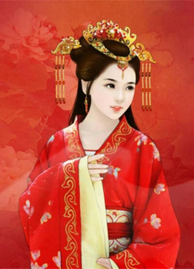 中国风新娘，手绘古代美女，红妆，插画，漫画