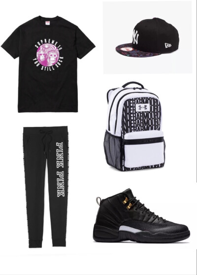 Top:Supreme/Pants:Victoria's Secret PINK/Hat:New Era/Bag:Under Armour/Shoes:Air Jordan 12 The Master