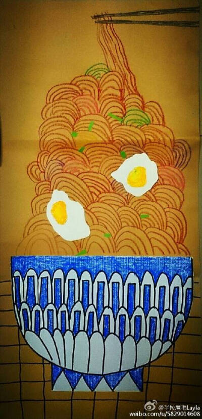 儿童画-大碗拉面加俩蛋来点香菜(๑•ั็ω•็ั๑)，牛皮纸+油画棒