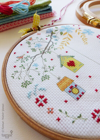Embroidery kit, Embellished Cross Stitch, Embroidery design - Bird House