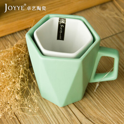 Joyye 棱角浮生简约纯色陶瓷水杯棱形杯 马克杯情侣杯陶瓷杯对杯