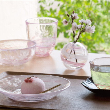 预定 日本津轻手工玻璃花纪行樱流系列 樱花磨砂玻璃餐具玻璃杯