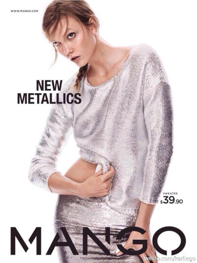 #Karlie Kloss#Mango S/S 2016 Campaign 继2012年为Mango拍摄秋冬目录后，Mango携手Karlie Kloss推出New Metallics系列演绎新金属风╭(╯ε╰)╮