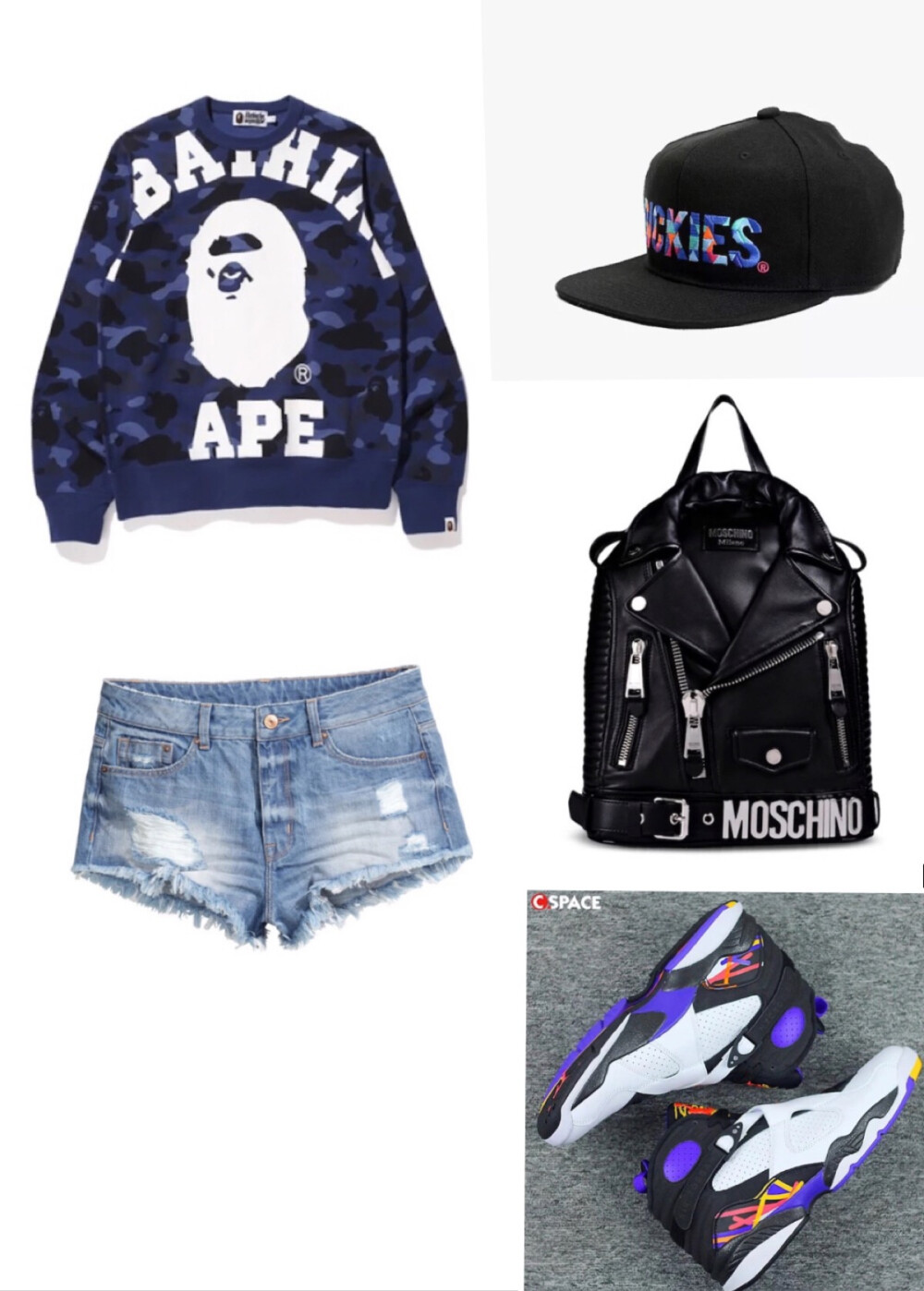 Top:Bape/Shorts:H&M/Hat:Dickies/Bag:Moschino/Shoes:Air Jordan 8 Three Peat