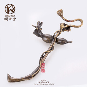 颐木堂 包邮纯铜手工荷叶壶叉铁壶夹茶道配件莲藕蜻蜓壶叉 两件套