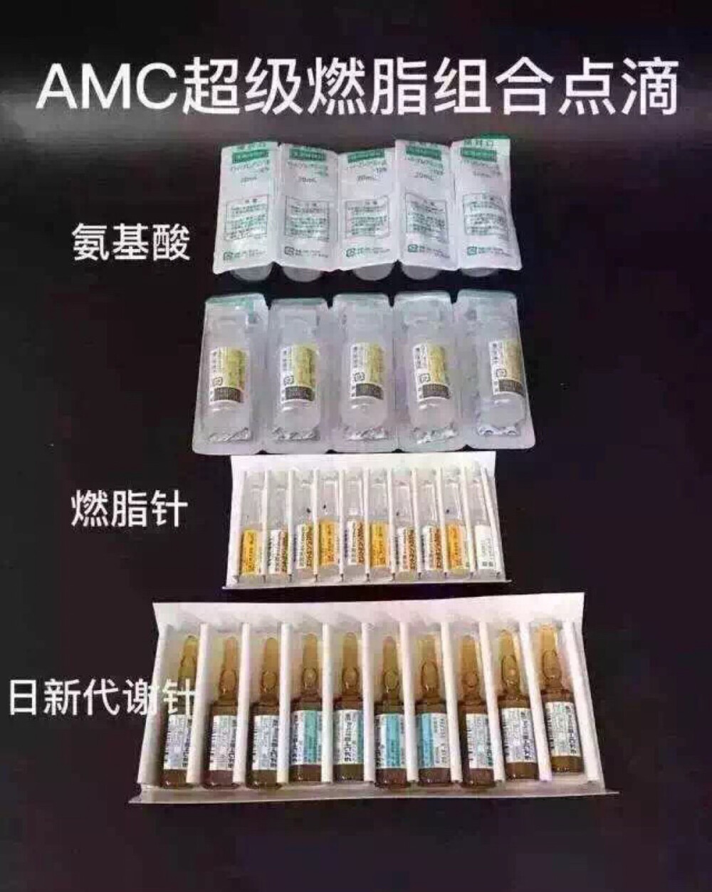 AMC超级燃脂点滴！最新超级燃脂组合点滴 日医工左旋燃脂针（减肥神器）➕最强力波兰代谢（燃脂针的最佳搭档）➕氨基酸（超级胶原蛋白）一套3组，各使用一支，与150ml生態理盐水一起静脉输液！3天一次，完美减肥，燃烧全身脂肪，让你瘦的美丽，瘦的健康。本组合是日本研究所最新研究的瘦身成果！