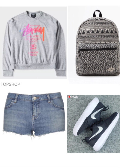 Top:Stussy/Pants:Topshop/Bag:Billabong/Shoes:Nike Rosherun