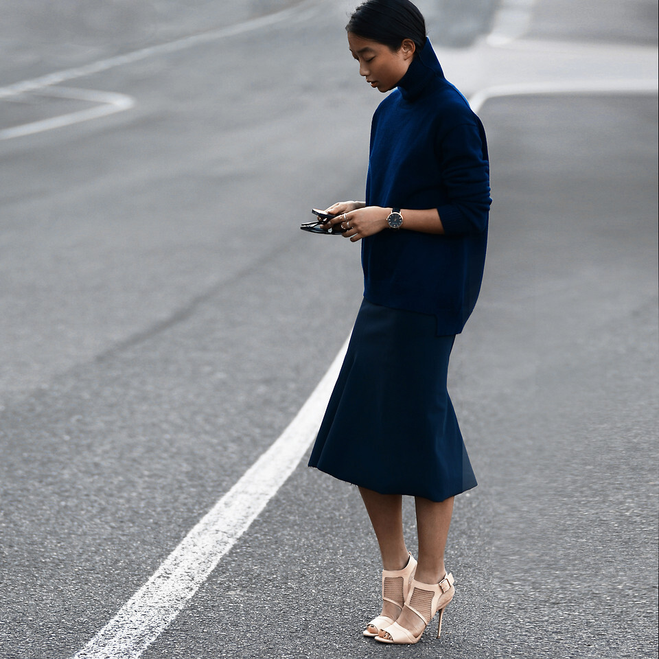 Margaret Zhang - Bassike Funnel Neck Sweater, Bassike Midi Skirt, River
Island Nude Mesh Heels, Larsson & Jennings Vogue Watch - Back to Bassike