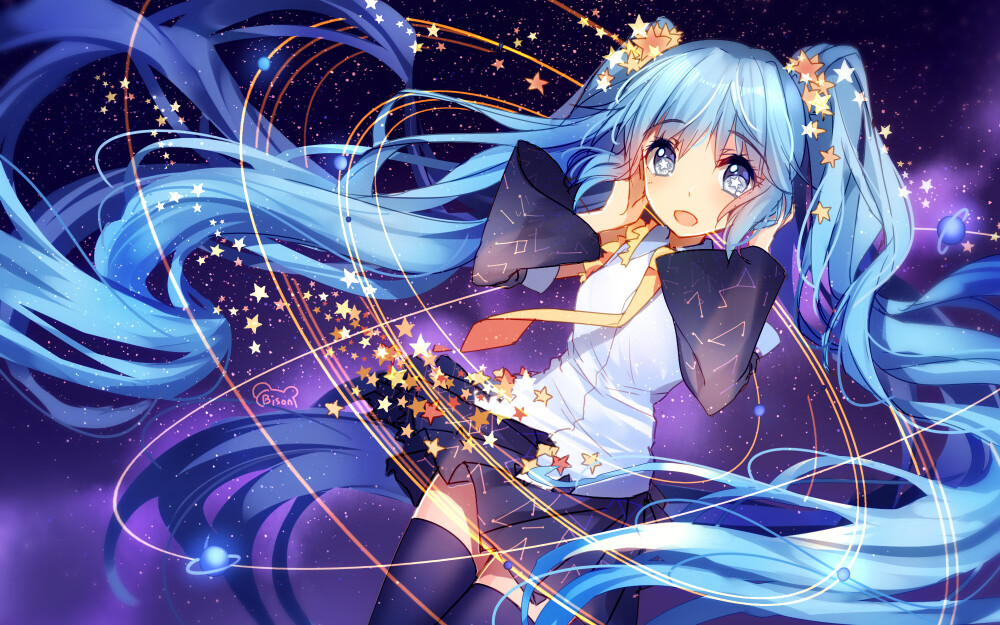 【id=56062001 画师：Bison倉鼠 标题：UNIVERSE】初音未来，宇宙初音，宇宙miku，宇宙未来，星空，星座，星系，星星，P站，少女，动漫