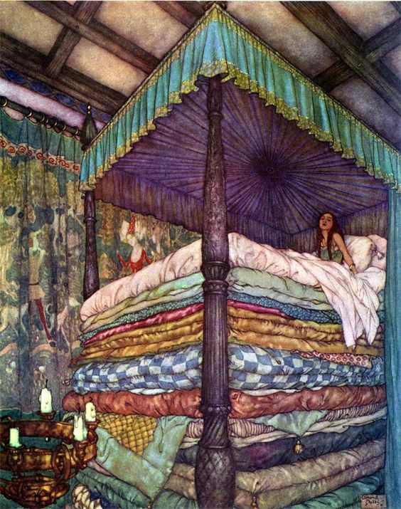 Princess and the Pea (The Real Princess), Edmund Dulac illustration to the Princess and the Pea fairy tale by Hans Christian Andersen.