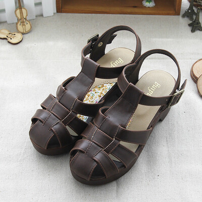 2015夏季新品日系外贸原单复古包头木屐女鞋森林系防水台搭扣凉鞋