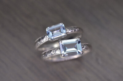 Aquamarine Ring, all sizes, emerald cut silver milgrain solitaire, March
Birthstone - Fitz Ring