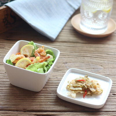 日韩和风方形碗 创意带盖陶瓷碗碟 纯白沙拉小碗凉菜料理碟调味碟