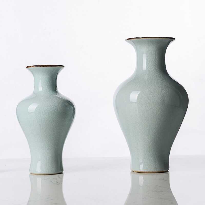 奇居良品 新中式家居装饰摆件 雪丽豆青色素色陶瓷缩颈花瓶摆瓶