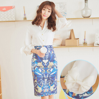 2016春季韩版小香风半身裙套装+蝴蝶结七分袖雪纺衫衬衫女两件套