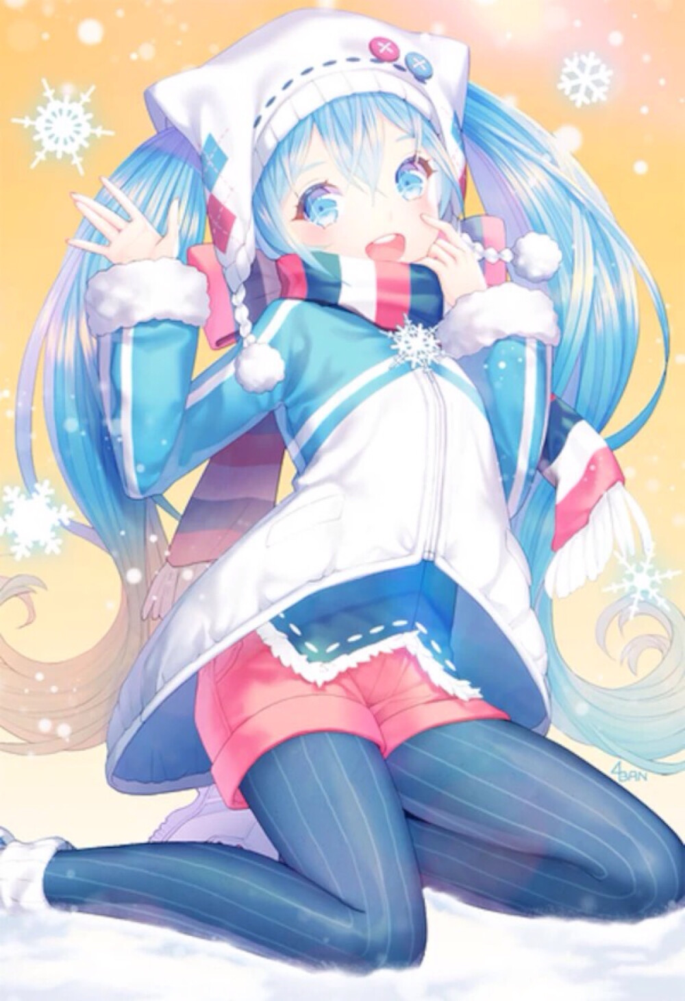 动漫原创插画手绘二次元少女唯美萌初音冬季滑雪