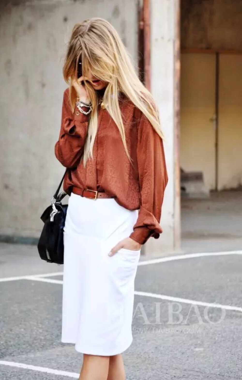 Henna blouse + white pencil skirt