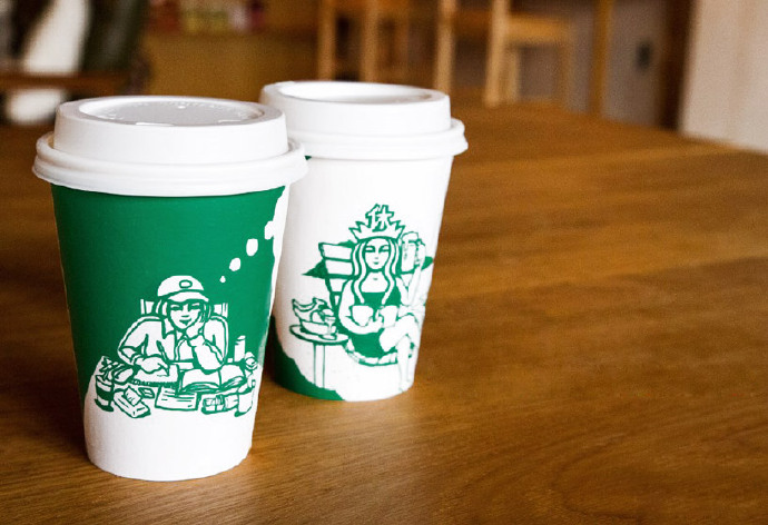 当大多数人被手中醇香可口的南瓜拿铁咖啡和高泰舒茶吸引时，韩国首尔艺术家Soo Min Kin却突发奇想，将手中的 星巴克 咖啡杯作为自己创作的画布。