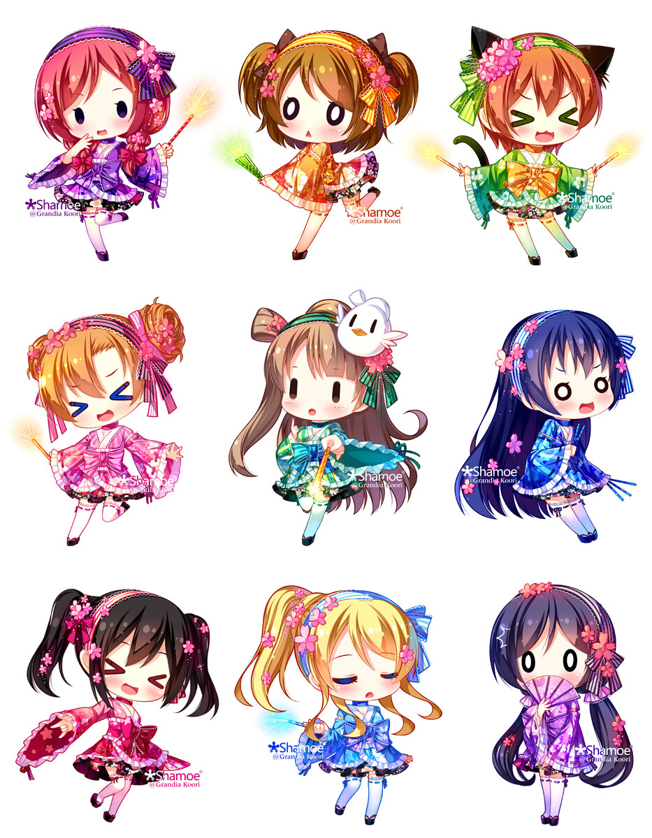 动漫 二次元 同人 lovelive 浴衣 Q版 可爱 呆萌 抱枕 唯美 插画 少女 P站 id=129468 【顺便求各种手滑，感谢】 微博ID Grandia冰-蒂亜_每天都要萌萌哒