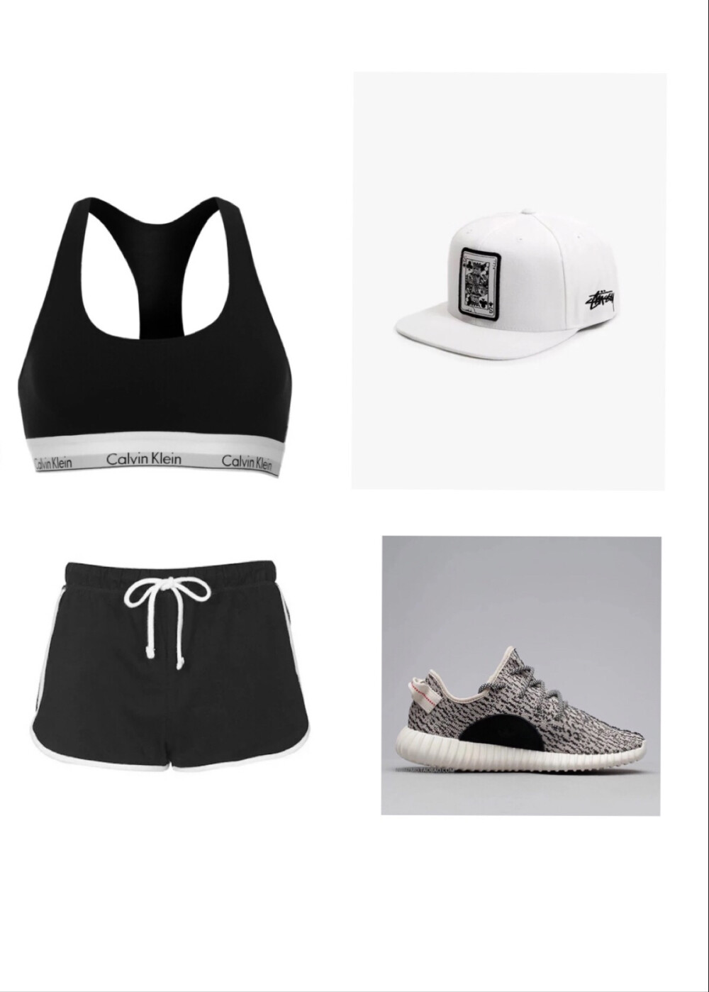 Top:Calvin Klein/Shorts:Topshop/Shoes:Adidas Originals Yeezy boost 350 Turtle Dove/Hat:Stussy