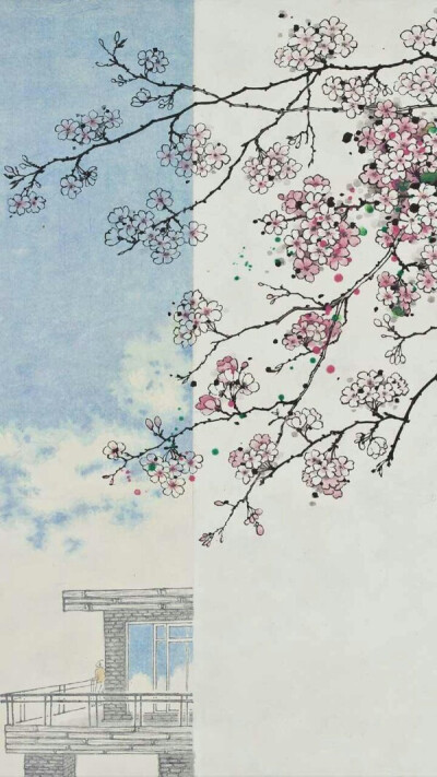 水彩，樱花，小清新，壁纸，插画