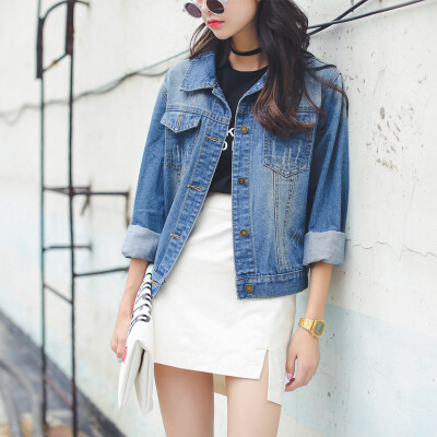 【水滴森林】韩版牛仔外套女纯棉短款洗水翻领长袖