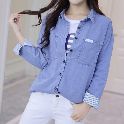 【水滴森林】显瘦水洗口袋薄款打底牛仔衬衫