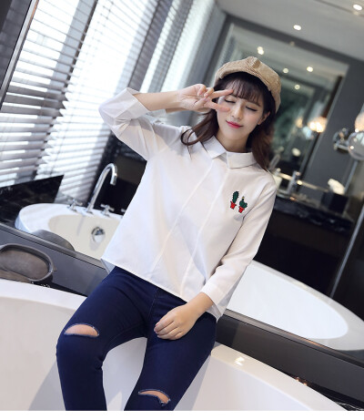 【水滴森林】长袖百搭学院风仙人掌刺绣白衬衫
