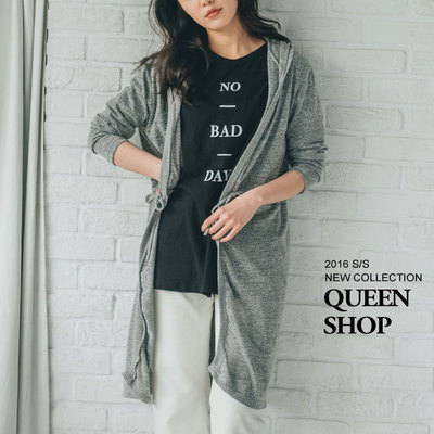 QUEENSHOP 2016春夏新品女装韩版抽绳连帽开襟针织外套02010834