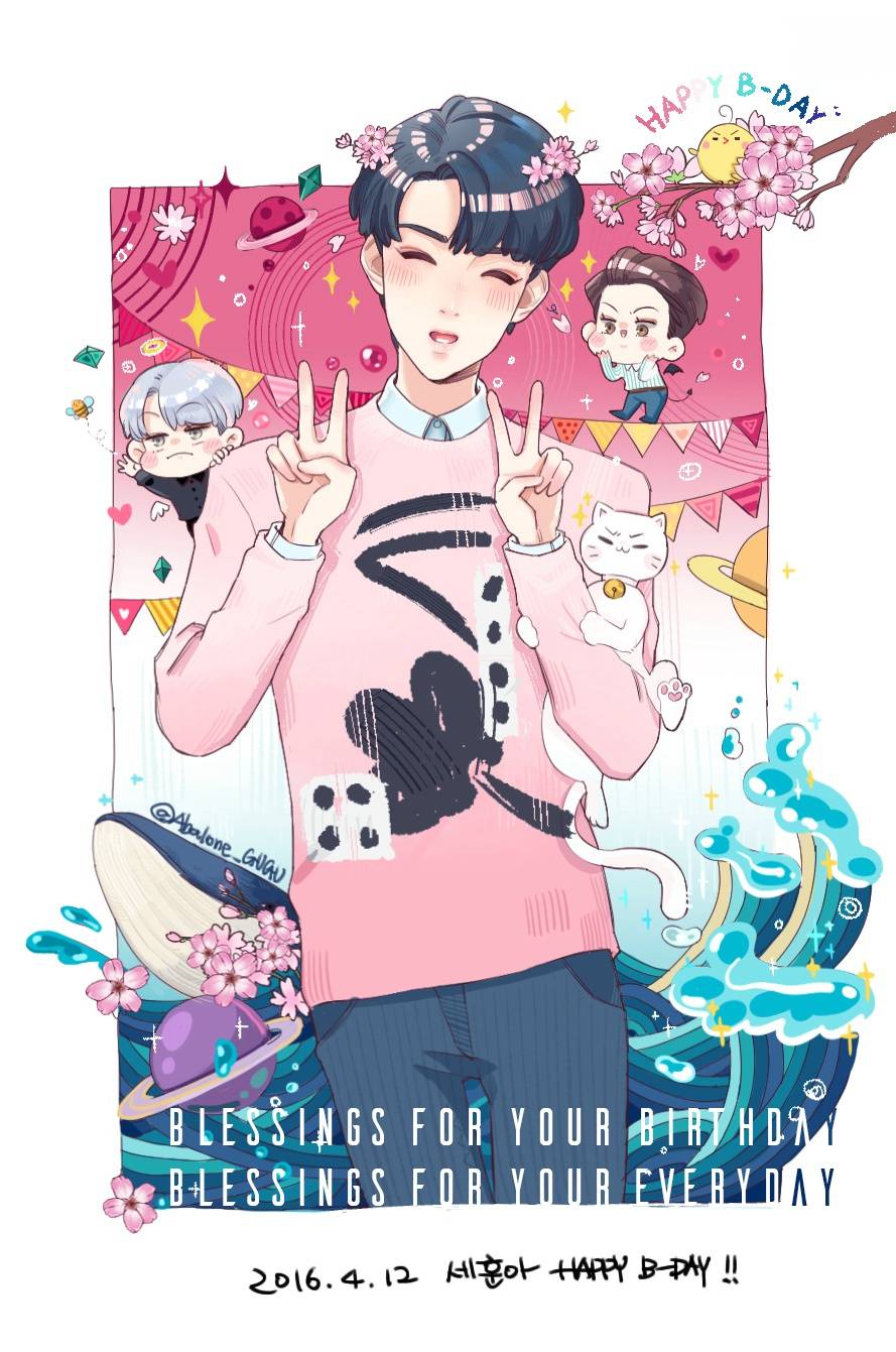 EXO吴世勋0412生日贺图fanart手绘插画我爱喵星人by.Abalone_Gugu