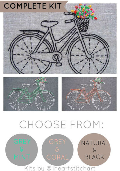 Bicycle embroidery kit, DIY embroidery hoop art, modern hand embroidery
patterns, bike embroidery pattern, modern embroidery kits