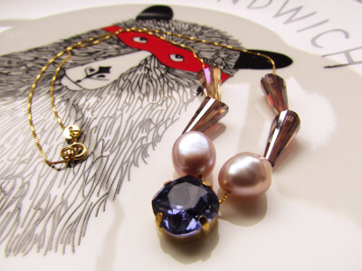 JUZI原创设计 手工制作 天然淡水珍珠 紫色宝石钻晶 纯银精致项链