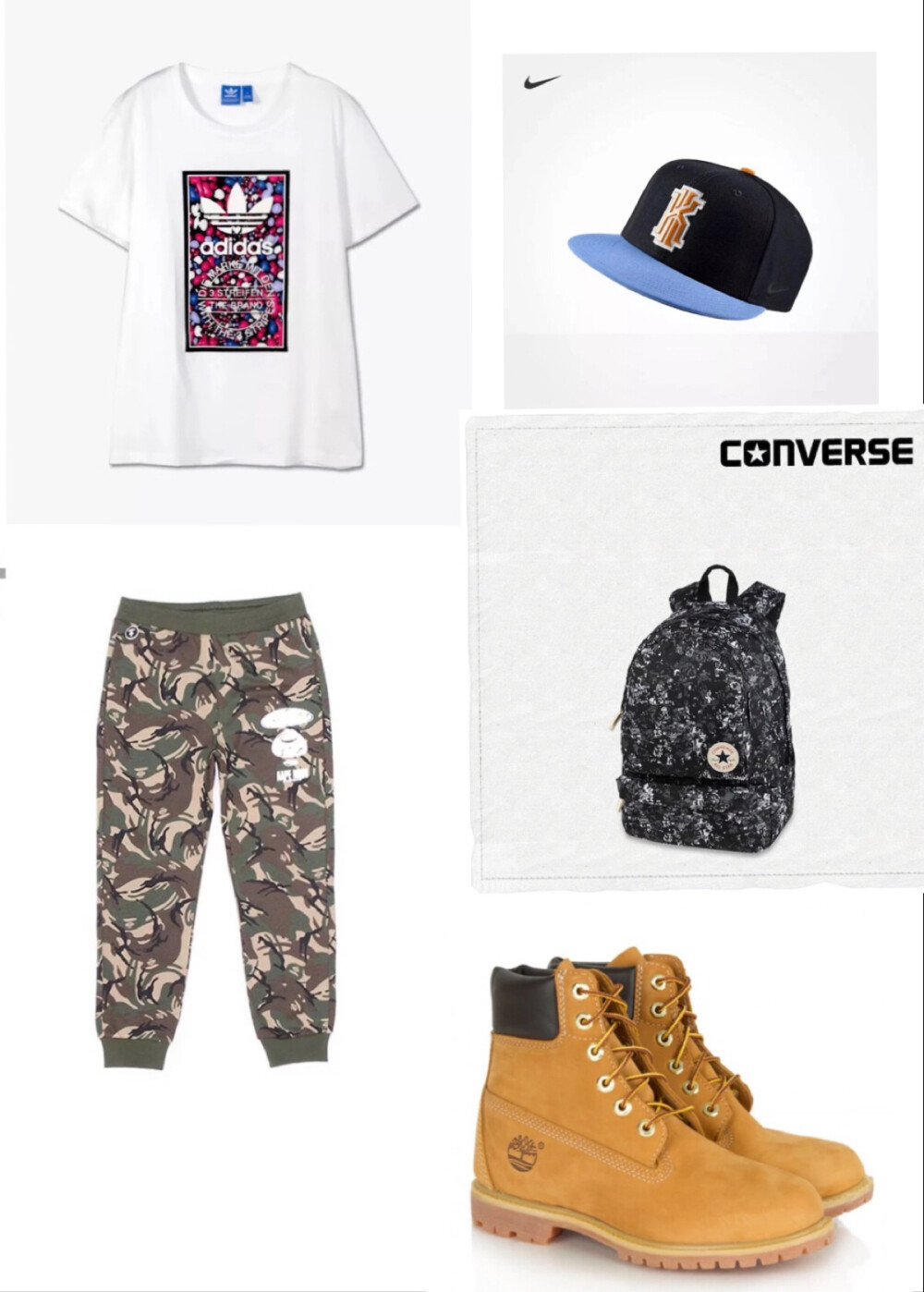 Top:Adidas Originals/Pants:Aape/Shoes:Timberland/Bag:Converse/Hat:Nike