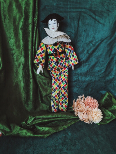 美国彩色格纹马戏团小丑皮埃罗vintage古董娃娃摆件收藏