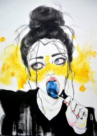 日本的女插画师 Harumi Hironaka，她的作品多以女孩为主，用简练的线条和浓郁的水彩，刻画出了她们叛逆十足的一面。