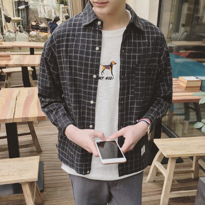 原创春装 2016韩版文艺男直筒休闲学院风细格子长袖棉衬衫