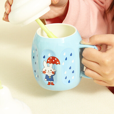吸管陶瓷杯卡通奶瓶水杯大容量马克杯创意可爱水果大肚杯带盖勺子