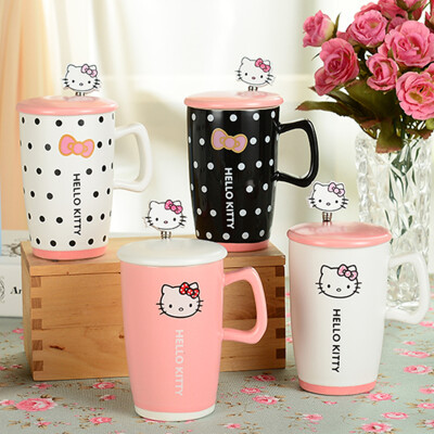 kitty牛奶杯子咖啡杯卡通可爱马克杯陶瓷杯带盖勺水杯女士情侣杯