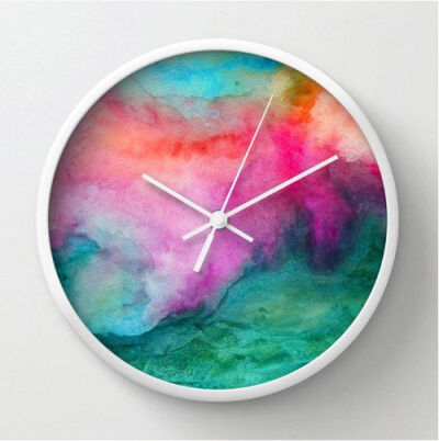 Watercolor wall clock, modern home decor, watercolor design clock, colorful abstract painting, artist designed green, pink, circular clock on Etsy, $40.00: