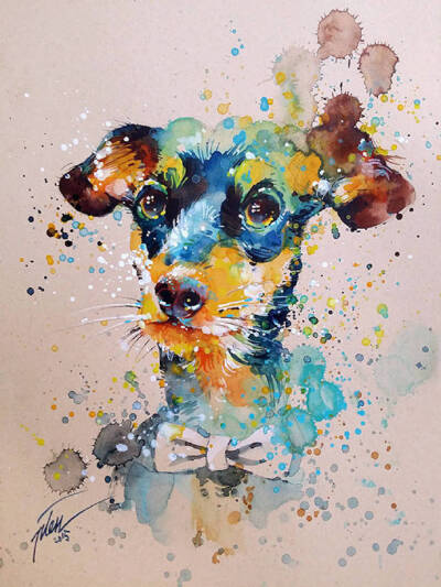 泼墨水彩动物画：狗。 来自Tilen Ti