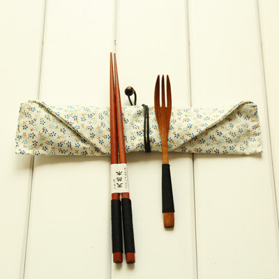 日式和风袋木质筷子勺子叉子三件套旅行便携餐具套装环保学生