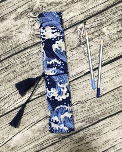 原创设计 手工布艺日本和风文艺复古海浪 口金笔袋 彩铅笔帘笔卷