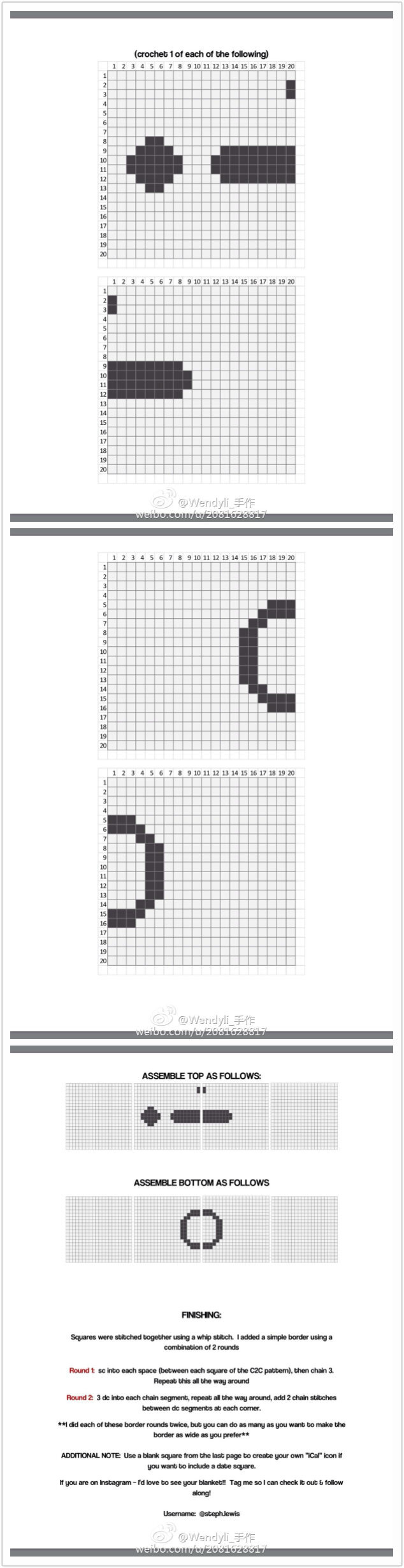 钩针钩编_C2C角对角_作者：Stephanie Lewis. 由14个图标单元格和8个iphone边框格组成