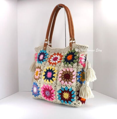 Crochet granny squares handbag with tassels and by MyNicePurses: