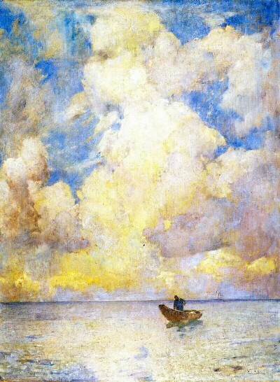 图为美国印象派画家Emil Carlsen（1853-1932）的作品Summer Light。在落满阳光的平静水面上捕鱼，本就是一件浪漫的事，更何况有微风在把云衣轻轻吹起。
