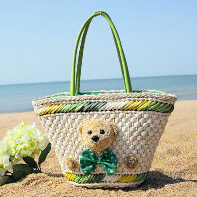 夏季小清新小熊草编包手提包单肩包沙滩包藤编包度假女包草包
