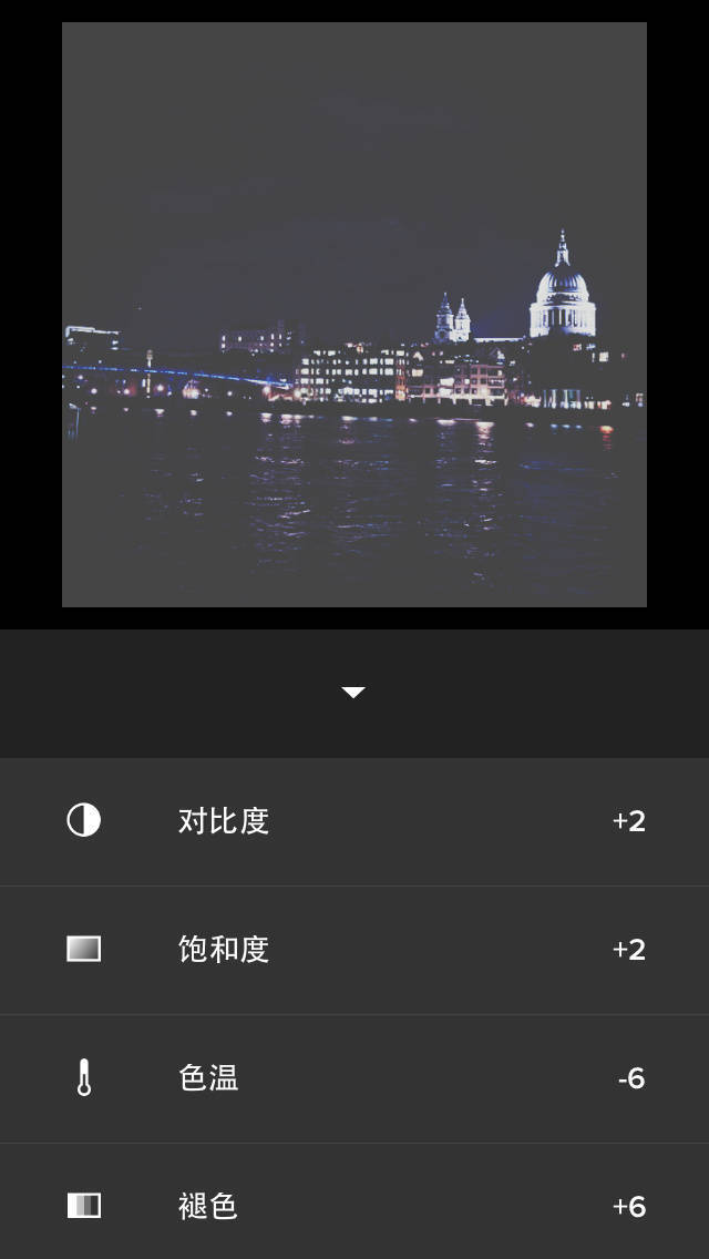 夜色VSCO步骤： ☞滤镜T1 ☞褪色+6 ☞色温-6 ☞饱和度+2 ☞对比度+2 ☞详见图