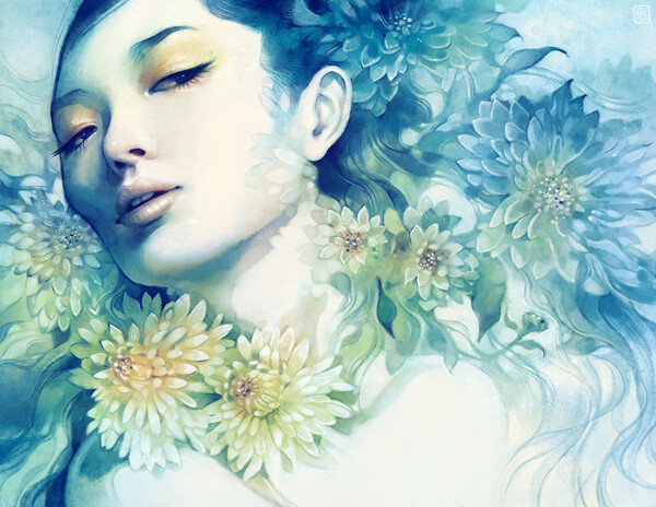 escume (Anna Dittmann) 水彩唯美人物肖像插畫千頭菊夢(mèng)幻插畫