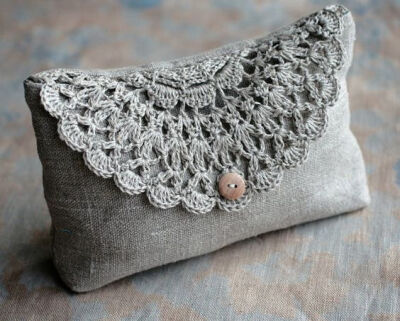 Linen clutch pouch purse makeup bag crocheted detail by namolio: